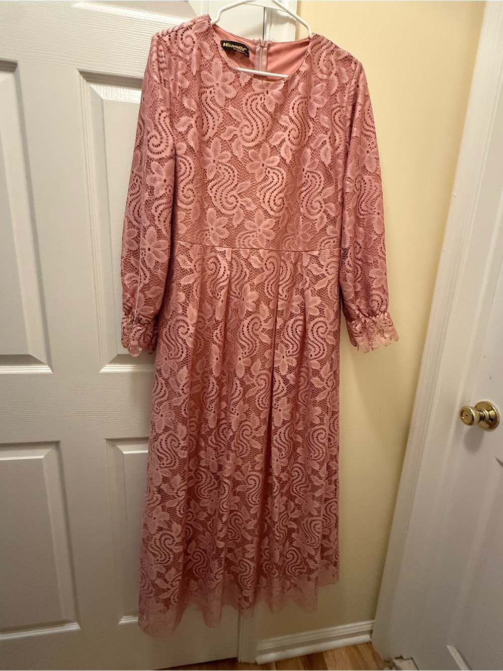 Dusty Rose Lace Long Sleeve Modest Midi Dress